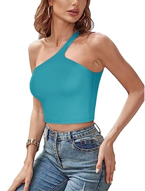 REORIA Womens Sexy One Shoulder Double Lined Seamless Backless Sleeveless Going Out Trendy Crop Tank Tops