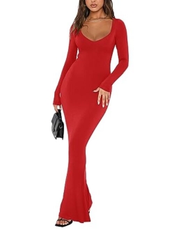 Women's Sexy V Neck Long Sleeve Maxi Dress Casual Lounge Ribbed Bodycon Long Dresses
