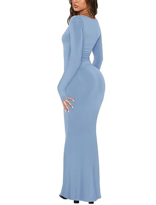 REORIA Women's Sexy V Neck Long Sleeve Maxi Dress Casual Lounge Ribbed Bodycon Long Dresses
