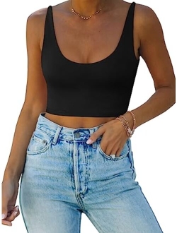 Women's Sexy Deep Scoop Neck Double Lined Seamless Sleeveless Cropped Cami Tank Yoga Crop Tops