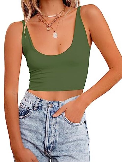 REORIA Women's Sexy Deep Scoop Neck Double Lined Seamless Sleeveless Cropped Cami Tank Yoga Crop Tops