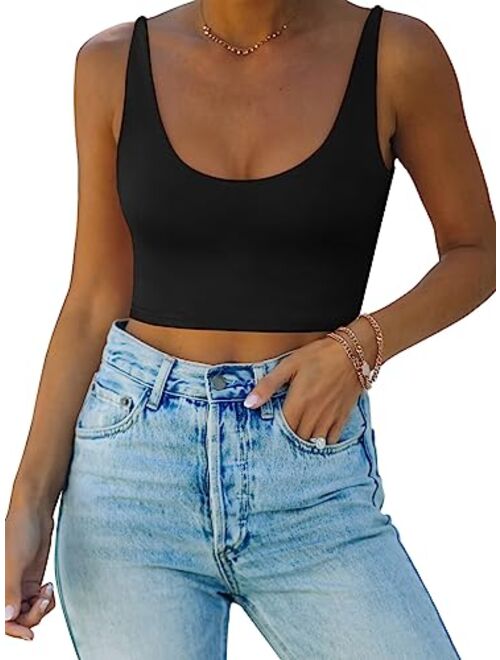 REORIA Women's Sexy Deep Scoop Neck Double Lined Seamless Sleeveless Cropped Cami Tank Yoga Crop Tops