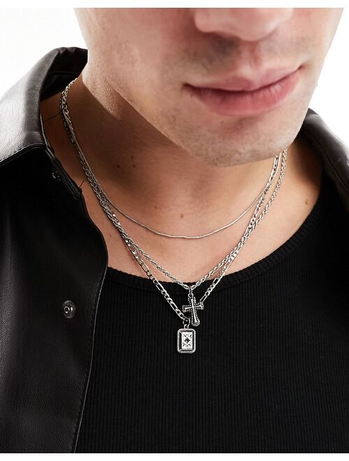 ASOS DESIGN 3 pack layered necklace with stone and cross pendant in silver tone