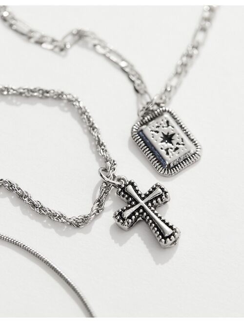 ASOS DESIGN 3 pack layered necklace with stone and cross pendant in silver tone