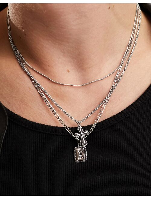 ASOS DESIGN 3 pack layered necklace with stone and cross pendant in silver tone