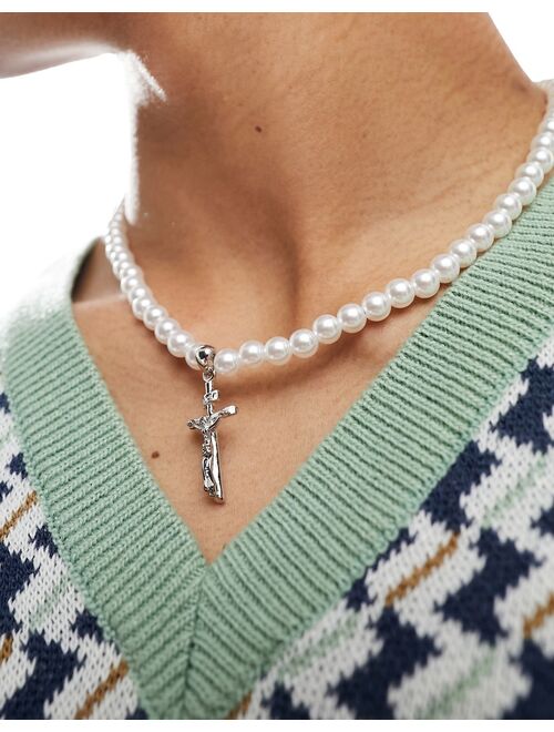 ASOS DESIGN 6mm faux pearl necklace with cross pendant in silver tone