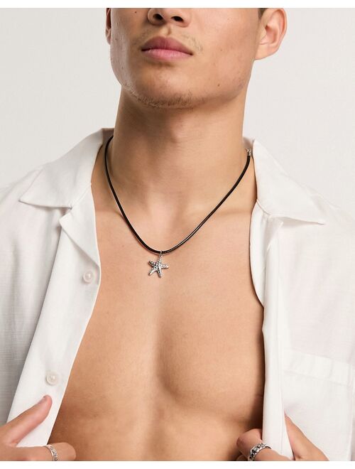 ASOS DESIGN cord necklace with metal starfish pendant in black