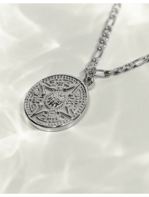ASOS DESIGN waterproof stainless steel necklace with circular aztec compass pendant in burnished silver tone