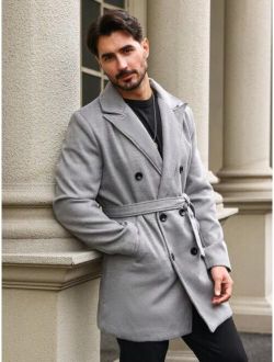 Shein Men's Wool Blend Double-breasted Coat With Belt