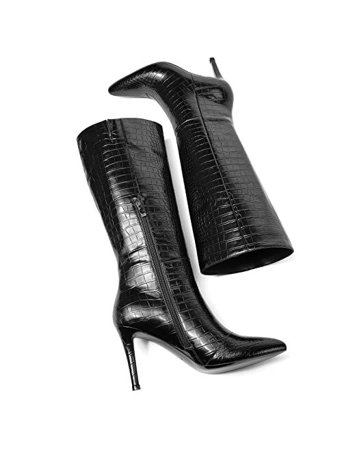 Crocs Modatope Knee High Boots Women Faux Crocodile High Heel Pointed Toe Tall Boots Side Zipper Long Boot for Women