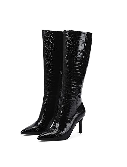 Crocs Modatope Knee High Boots Women Faux Crocodile High Heel Pointed Toe Tall Boots Side Zipper Long Boot for Women