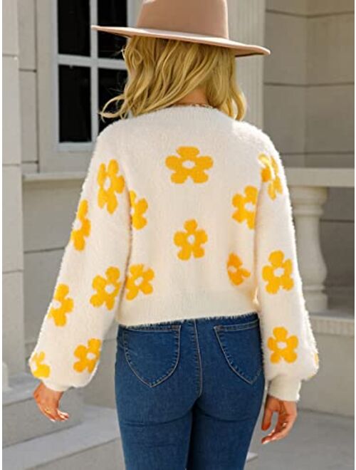 ECOWISH Women's Cardigan Sweaters - Floral Knit Open Front Cardigans Long Sleeve Sweater Outwear Tops for Women