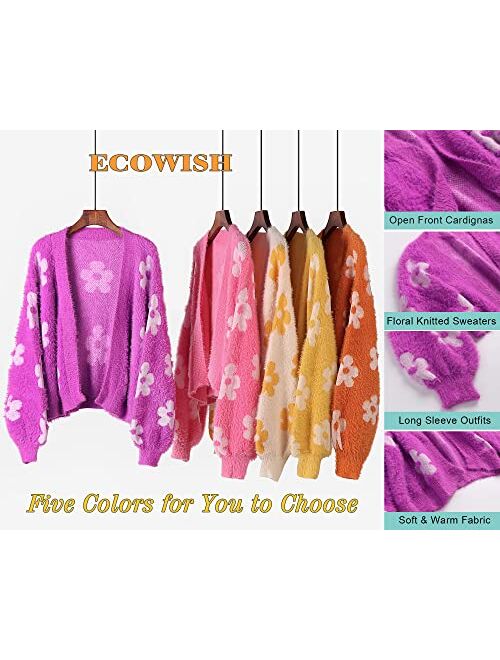 ECOWISH Women's Cardigan Sweaters - Floral Knit Open Front Cardigans Long Sleeve Sweater Outwear Tops for Women