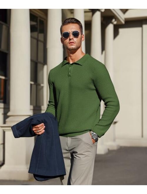 Zaitun Mens Long Sleeve Knit Polo Shirts Casual Lightweight Collared Sweater