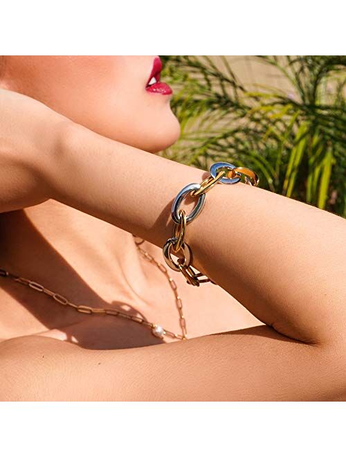 CIUNOFOR Link Bracelet Designer Brand Inspired Antique Women Jewelry Cable WireVintage Valentine Wide Cuban Curb Link Bracelet Stainless Steel Adjustable Chain (two tone)