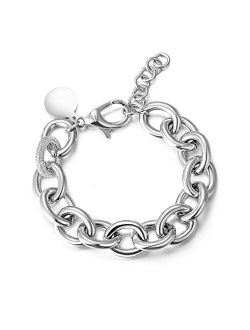 CIUNOFOR Link Bracelet Designer Brand Inspired Antique Women Jewelry Cable WireVintage Valentine Wide Cuban Curb Link Bracelet Stainless Steel Adjustable Chain (Silver)