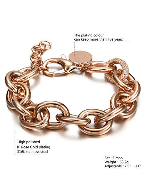CIUNOFOR Link Bracelet Designer Brand Inspired Antique Women Jewelry Cable WireVintage Valentine Wide Cuban Curb Link Bracelet Stainless Steel Adjustable Chain (Rose Gold