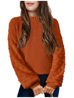 Girls Crewneck Sweaters Chunky Lantern Sleeve Knit Jumper Tops Casual Drop Shoulder Pullover Outwear for 5-13 Years