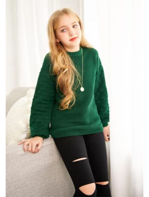 Arshiner Girls Crewneck Sweaters Chunky Lantern Sleeve Knit Jumper Tops Casual Drop Shoulder Pullover Outwear for 5-13 Years