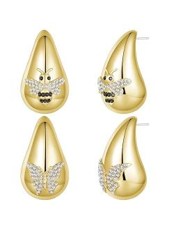 Cuicanstar 2 Pairs Earrings Set for Women, Lightweight Hollow Gold Hoops. Silver Hoop Earrings, 14k Gold Teardrop Hoop Earrings, Rhinestone Waterdrop Earrings Set for Gir