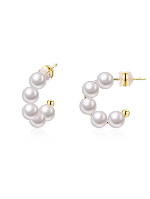GIEOGOCN Pearl Hoop Earrings for Women Small Lightweight Pearl Earrings for Women with 925 Sterling Silver Post 14K Gold Plated Open Large Circle Round Pearl Hoops Earrin