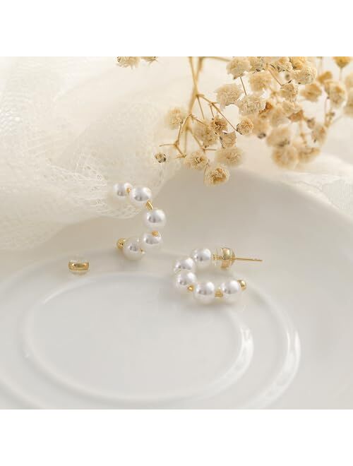 GIEOGOCN Pearl Hoop Earrings for Women Small Lightweight Pearl Earrings for Women with 925 Sterling Silver Post 14K Gold Plated Open Large Circle Round Pearl Hoops Earrin