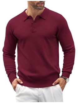 Mens Knit Polo Shirts Casual Long Sleeve Classic Polo Shirts Button Down Golf Shirts