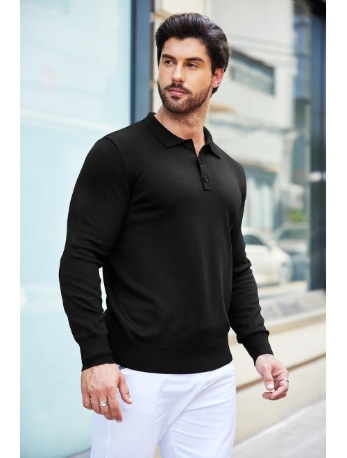 COOFANDY Mens Knit Polo Shirts Casual Long Sleeve Classic Polo Shirts Button Down Golf Shirts