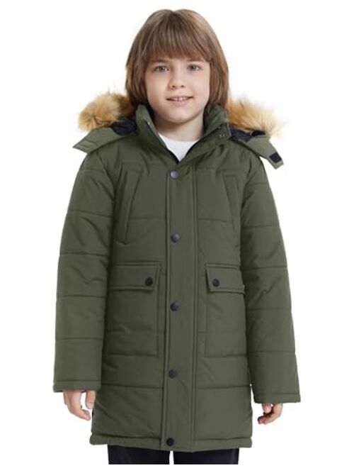 Wantdo Boy's Mid-Long Warm Winter Coat Quilted Fleece Lined Puffer Jacket with Detachable Fur Hood
