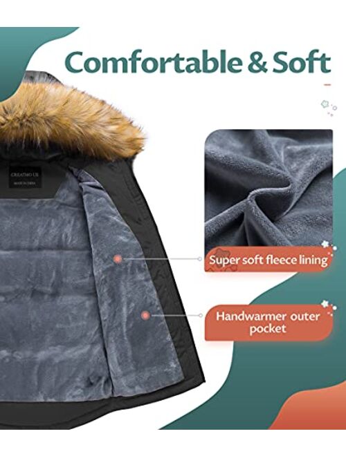 CREATMO US Boy's Winter Parka Water Resistant Hooded Puffer Fleece Lined Jackets Coats