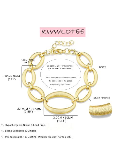 KWWLOTEE Matte Gold Oval Link Bracelets 14K Gold Plated Brushed Finish Bangle Braclet Adjustable Bracelet for Women 7.25 + 1 Inch