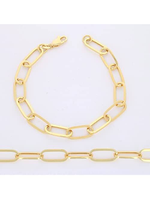 Nuragold 14k Yellow Gold 7mm Paperclip Elongated Rolo Cable Link Chain Bracelet, Womens Jewelry Lobster Clasp 7" 7.5" 8"