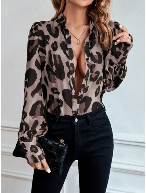 SHEIN Priv Leopard Print Puff Sleeve Chiffon Shirt