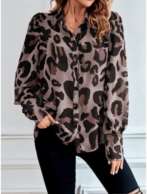 SHEIN Priv Leopard Print Puff Sleeve Chiffon Shirt