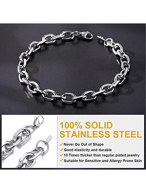 ChainsHouse Rolo Cable Chain Link Bracelet for Men Women, 7mm/9mm/12mm Width, 7.5/8.3" Length, 316L Stainless Steel/18K Gold Tone/Black (Send Gift Box)