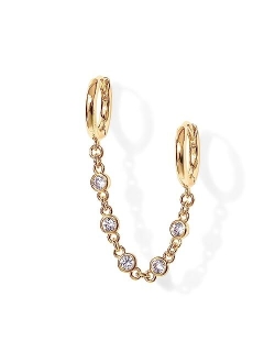 14K Gold Chain Earrings for Women | Double Piercing Dangle Chain Huggie Hoop Earrings | Cubic Zirconia Pearl Stud Ear Cuff Earrings for Women