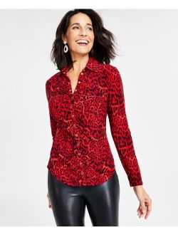I.N.C. INTERNATIONAL CONCEPTS Women's Printed Ruched Snap-Front Top, Created for Macy's