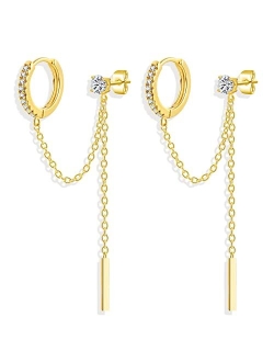 Awinesn 925 Silver Hoop Chain Earrings for Women 14K Gold Plated Trendy Chain Dangle Earrings Double Piercing Earrings for Teen Girls