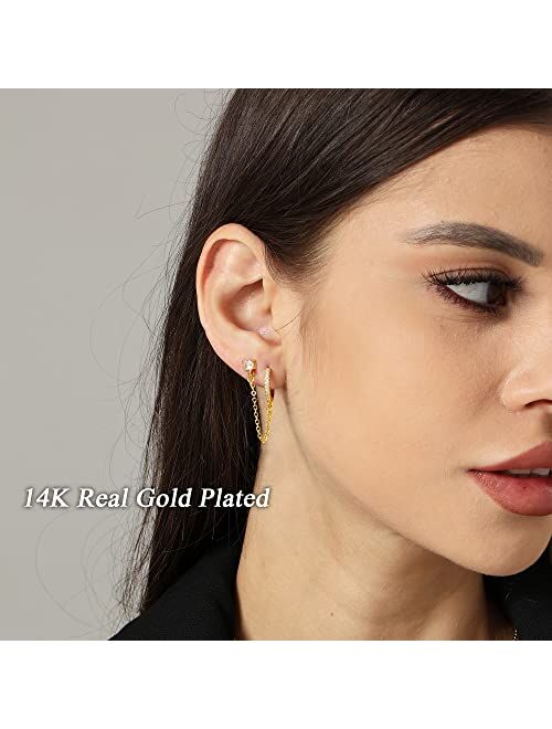 Awinesn 925 Silver Hoop Chain Earrings for Women 14K Gold Plated Trendy Chain Dangle Earrings Double Piercing Earrings for Teen Girls