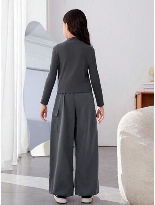 SHEIN Kids HYPEME 2pcs/set Tween Girls' Sporty Knitted Solid Color Stand Collar Long Sleeve Top And Solid Color Pants Outfits