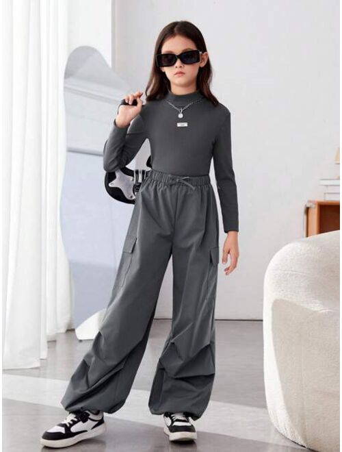 SHEIN Kids HYPEME 2pcs/set Tween Girls' Sporty Knitted Solid Color Stand Collar Long Sleeve Top And Solid Color Pants Outfits