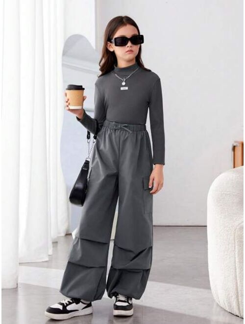 SHEIN Kids HYPEME 2pcs/set Tween Girls' Sporty Knitted Solid Color Stand Collar Long Sleeve Top And Solid Color Pants Outfits