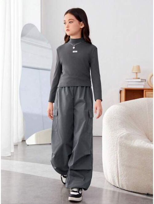 SHEIN Kids HYPEME 2pcs/set Tween Girls' Sporty Knitted Solid Color Stand Collar Long Sleeve Top And Solid Color Pants Outfits