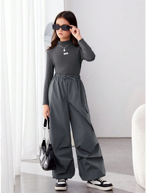 SHEIN Kids HYPEME 2pcs/set Tween Girls' Sporty Knitted Solid Color Stand Collar Long Sleeve Top And Solid Color Pants Outfits