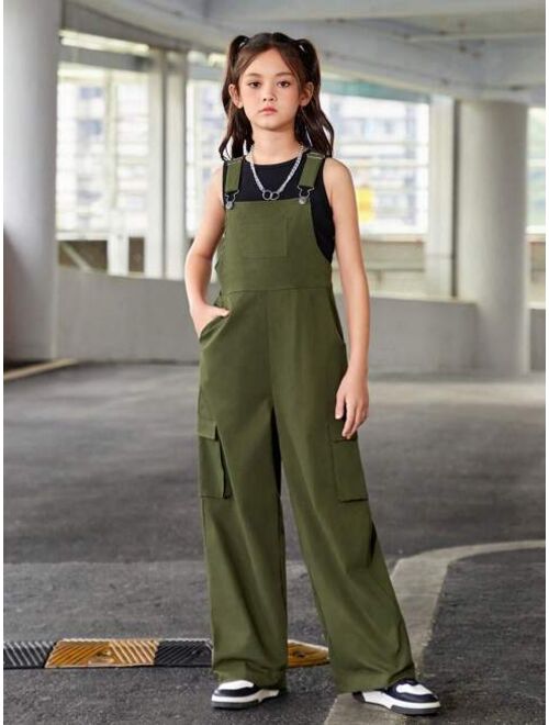 SHEIN Kids HYPEME Tween Girls' Casual Sports Streetwear Vest Top And Overalls Set