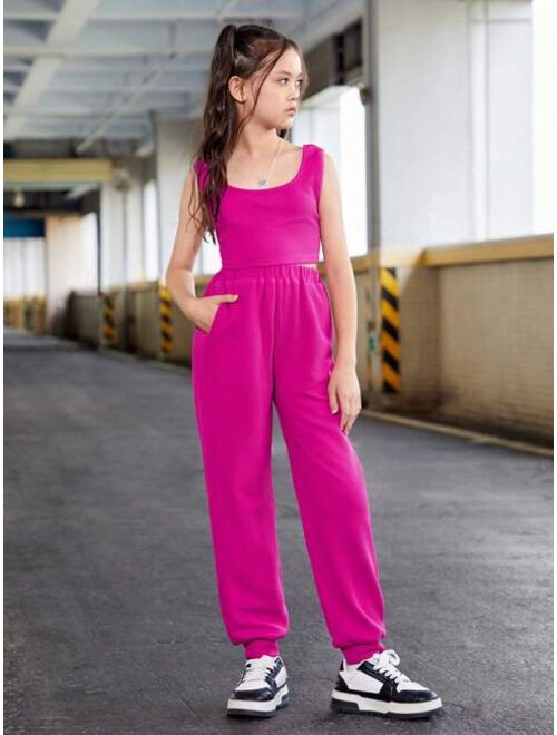 SHEIN Kids HYPEME Tween Girl Solid Tank Top & Super Crop Pullover & Sweatpants