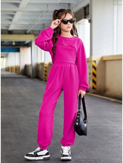 SHEIN Kids HYPEME Tween Girl Solid Tank Top & Super Crop Pullover & Sweatpants