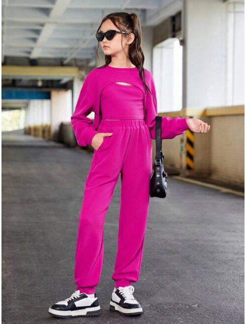 SHEIN Kids HYPEME Tween Girl Solid Tank Top & Super Crop Pullover & Sweatpants