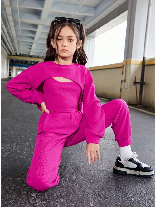 SHEIN Kids HYPEME Tween Girl Solid Tank Top & Super Crop Pullover & Sweatpants