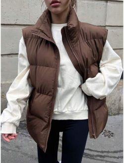 Zip Up Slant Pocket Vest Puffer Pockets Coat